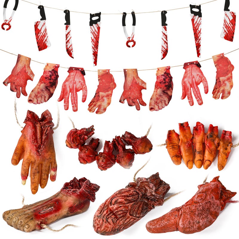 Lansian Halloween Decorations Blood Weapon Garland Banner Props Hanging Scary Fake Severed Hand Broken Body Parts for Haunted House Halloween Vampire Zombie Party Supplies (6pcs Body Parts) - Image 1